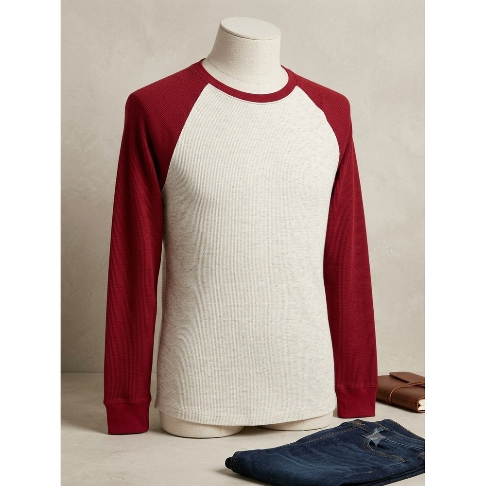 Old Navy Mens Soft-Washed Waffle Knit Thermal Raglan Shirt Gray Red Medium NWT